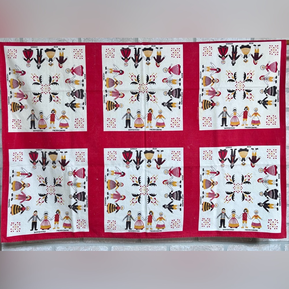 Vintage Elling Design Handprinted Folk Dancers, Denmark Tablecloth. Mid Century